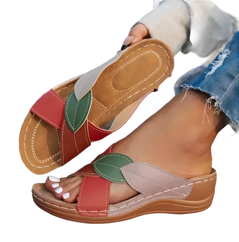 Leaf-accented, colorful women’s sandals.