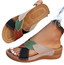 Leaf-adorned, multi-colored women’s sandals.