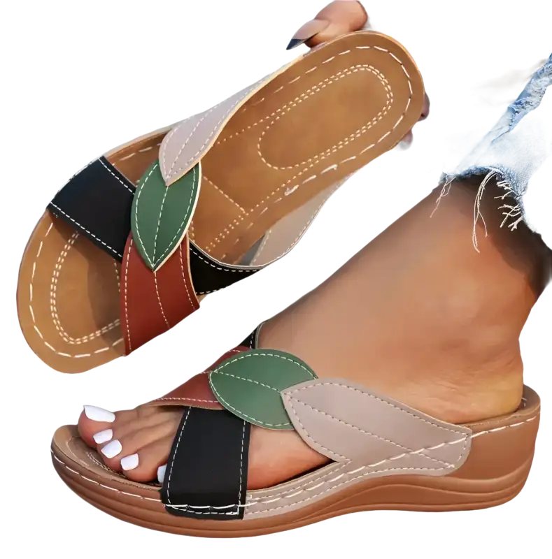 Leaf-adorned, multi-colored women’s sandals.