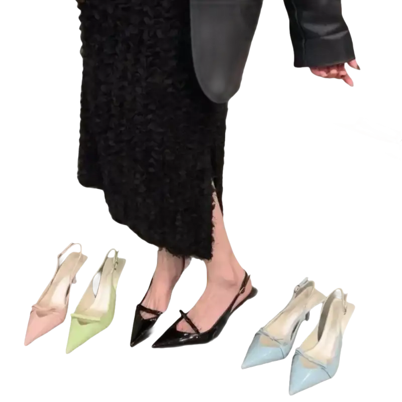 Pointed-toe slingback heels with bow detail.