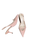 Pair of pink patent leather slingback heels.