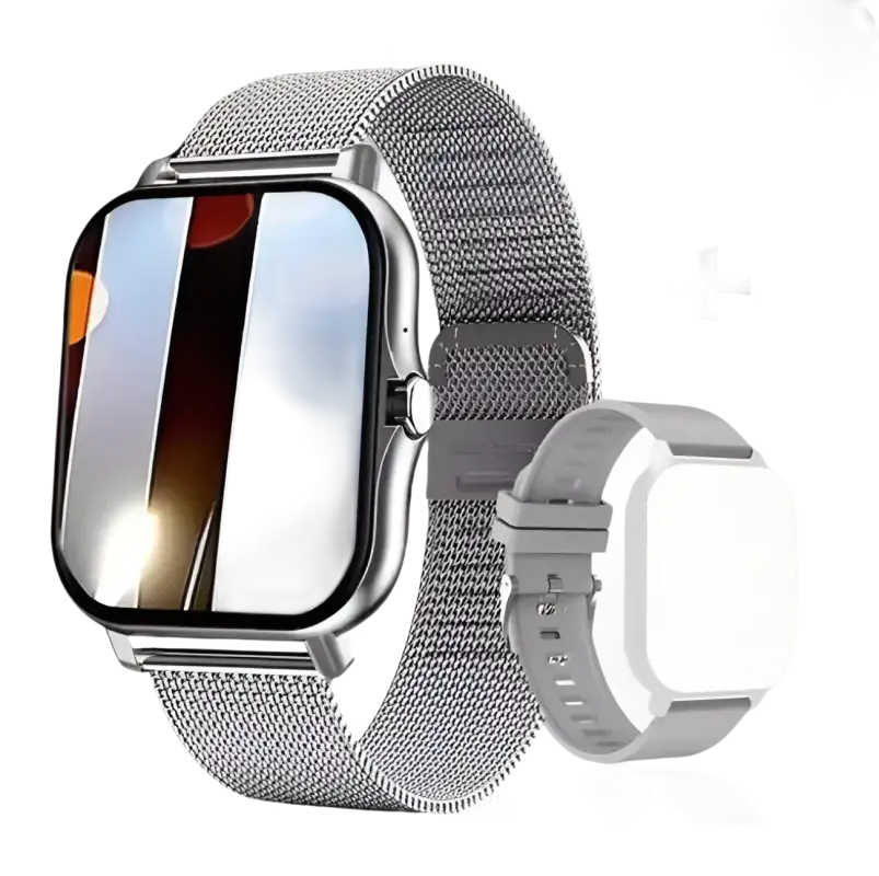 Two smartwatches with interchangeable bands.