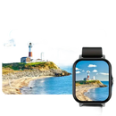 Smartwatch displaying a coastal scene.