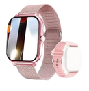 Pink smart watch with metal and silicone bands.