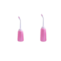 Pink portable bidet bottles with dimensions.
