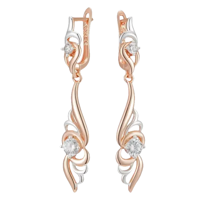 Rose gold and silver dangle earrings with cubic zirconia.