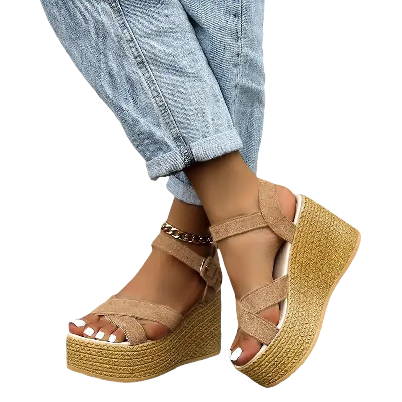 Beige trendly fashion wedge sandals with rubber sole for casual summer looks