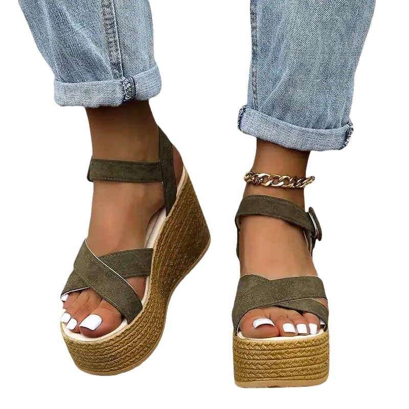 Olive green trendy fashion wedge sandals with rubber sole casual design for women