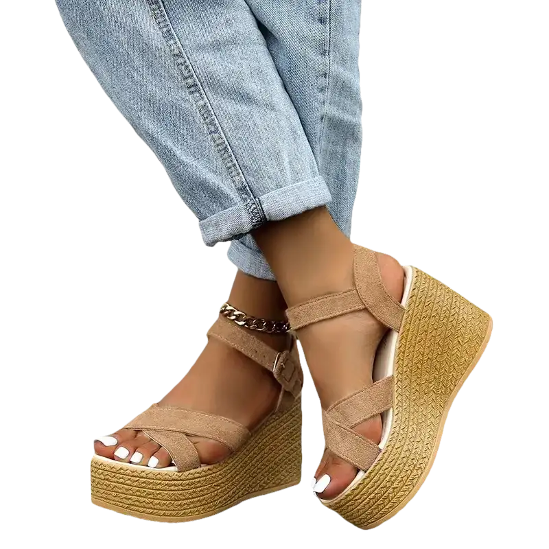 Beige fashion wedge sandals with rubber sole casual summer trendy look for women