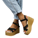 Black fashion wedge sandals with ankle straps and rubber sole casual detail