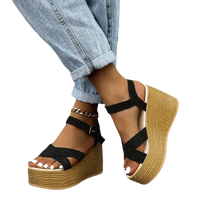 Black fashion wedge sandals with ankle straps and rubber sole casual detail