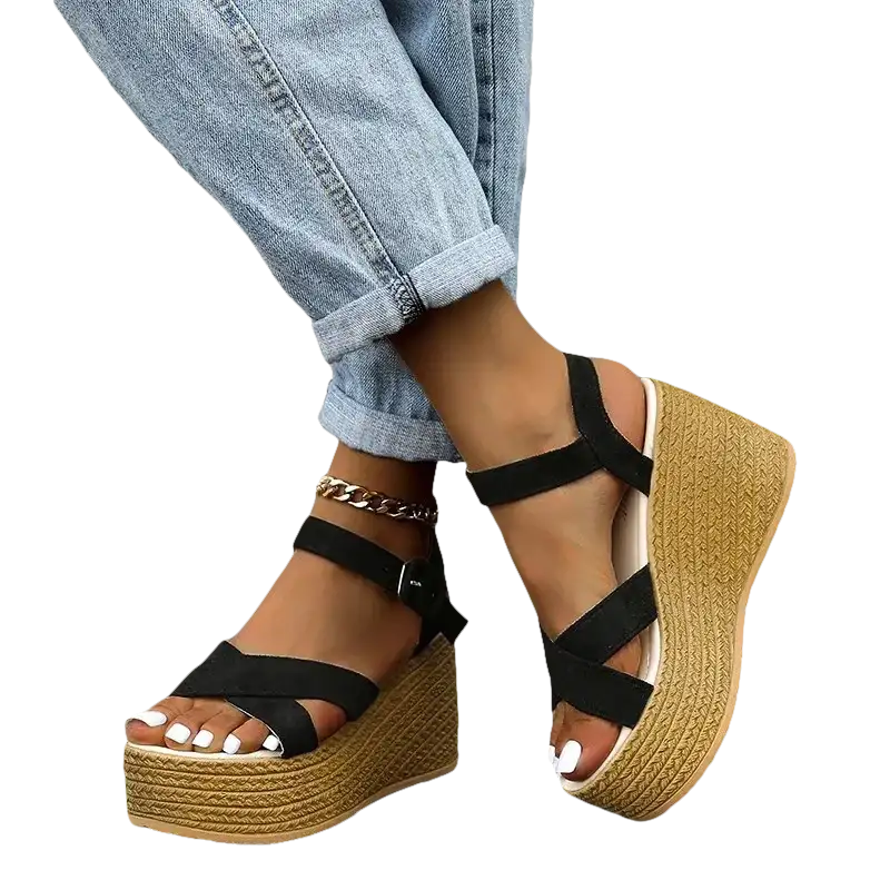 Black fashion wedge sandals with ankle straps and rubber sole casual detail