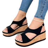 Black fashion wedge sandals with ankle straps and rubber sole casual design for women summer 2022