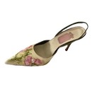 Floral embroidered slingback heel.