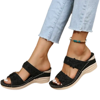 Black floral wedge sandals.