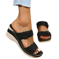 Black floral wedge sandals.