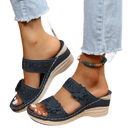 Blue floral wedge sandals.