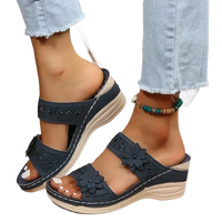 Blue floral wedge sandals.