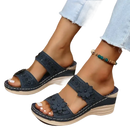 Blue floral wedge sandals.