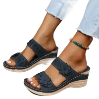 Blue floral wedge sandals.