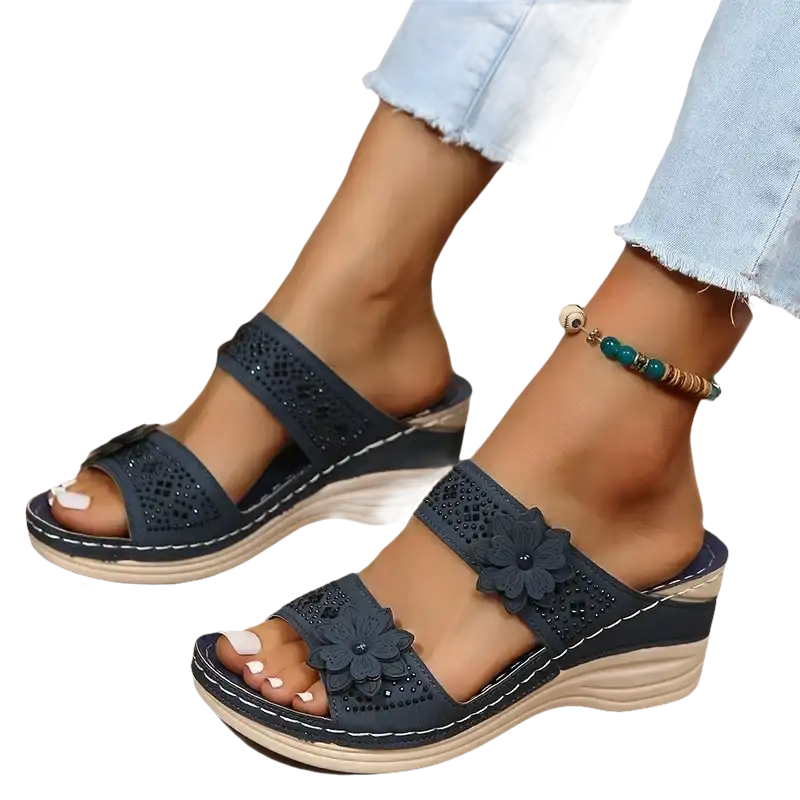 Blue floral wedge sandals.
