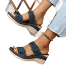 Blue floral wedge sandals.