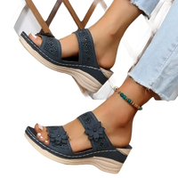 Blue floral wedge sandals.