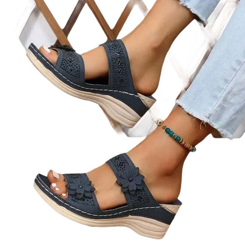 Blue floral wedge sandals.