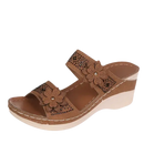 Brown floral-embellished wedge sandal.