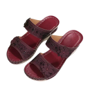 Burgundy floral-accented sandals.
