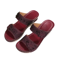 Burgundy floral-accented sandals.