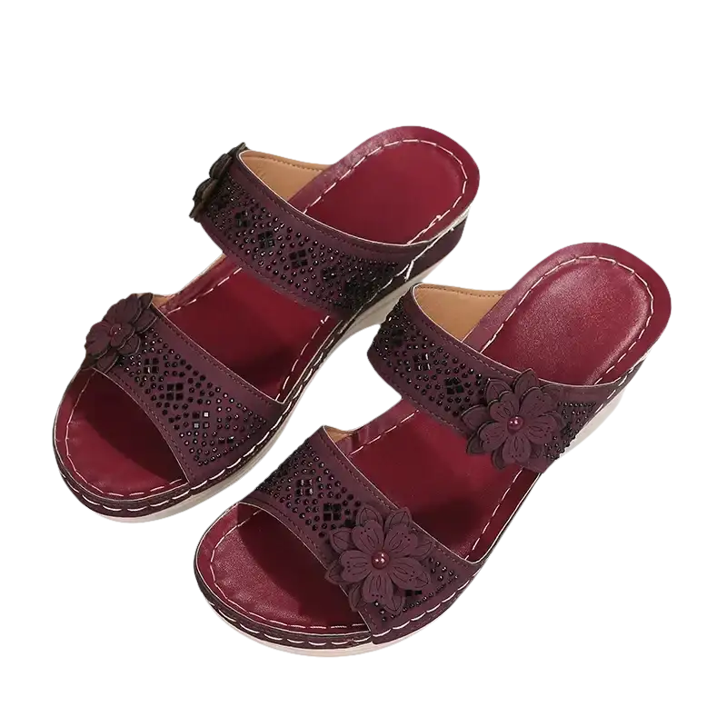 Burgundy floral-accented sandals.