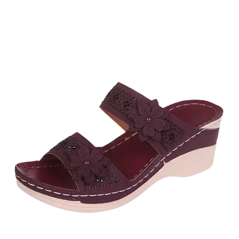 Maroon floral wedge sandal.