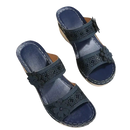 Navy blue floral wedge sandals.