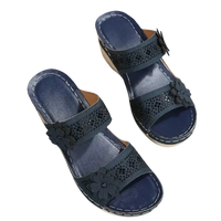 Navy blue floral wedge sandals.