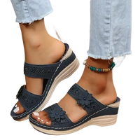 Navy blue floral-accented wedge sandals.