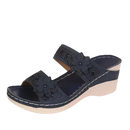 Navy blue floral wedge sandal.