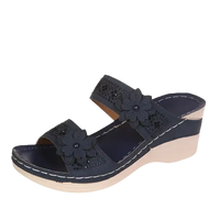 Navy blue floral wedge sandal.