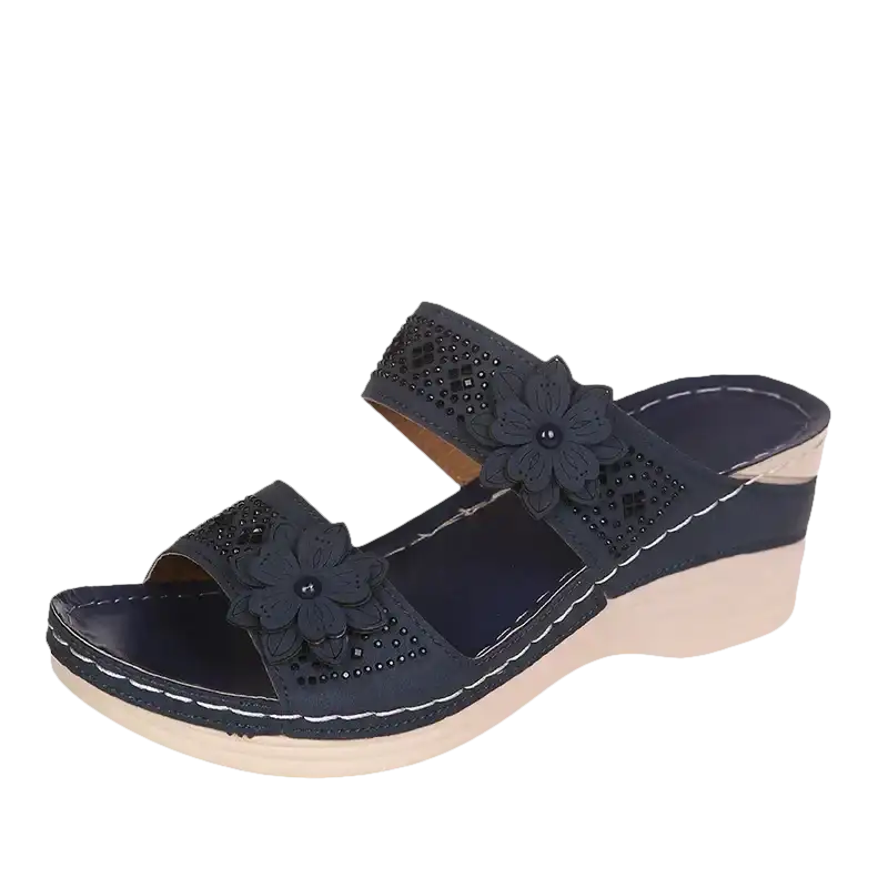 Navy blue floral wedge sandal.