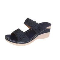 Navy wedge sandal with floral embellishments.
