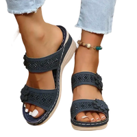 Women’s blue floral-accented wedge sandals.