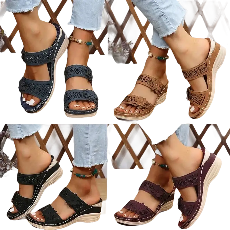 Women’s floral-accented wedge sandals.