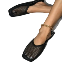 Black mesh mule shoes.