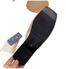 Black-soled, square-toed shoe.