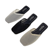 Three mesh-topped mule shoes.