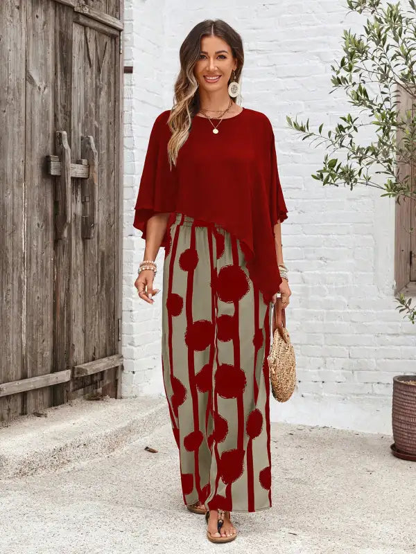 Sweet Women’s Red Top and Chic Trousers Suit