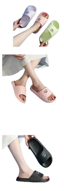 Colorful, open-toed, cartoon-decorated slippers.