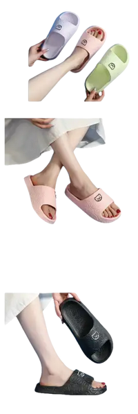 Colorful, open-toed, cartoon-decorated slippers.