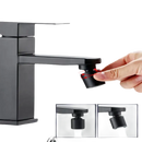 Black bathroom faucet with adjustable aerator.