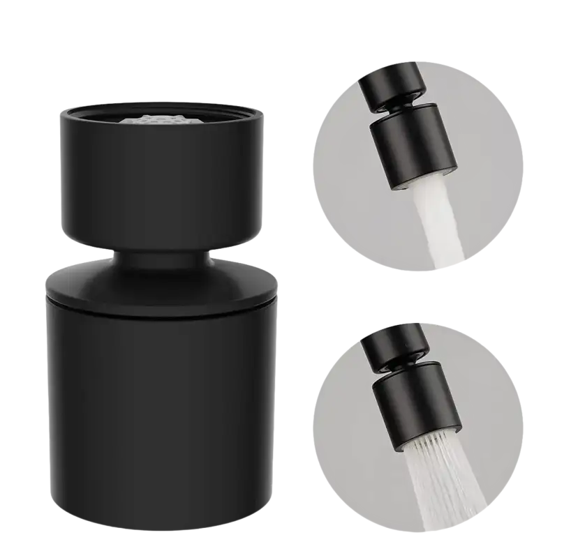 Black faucet sprayer with two water flow modes.